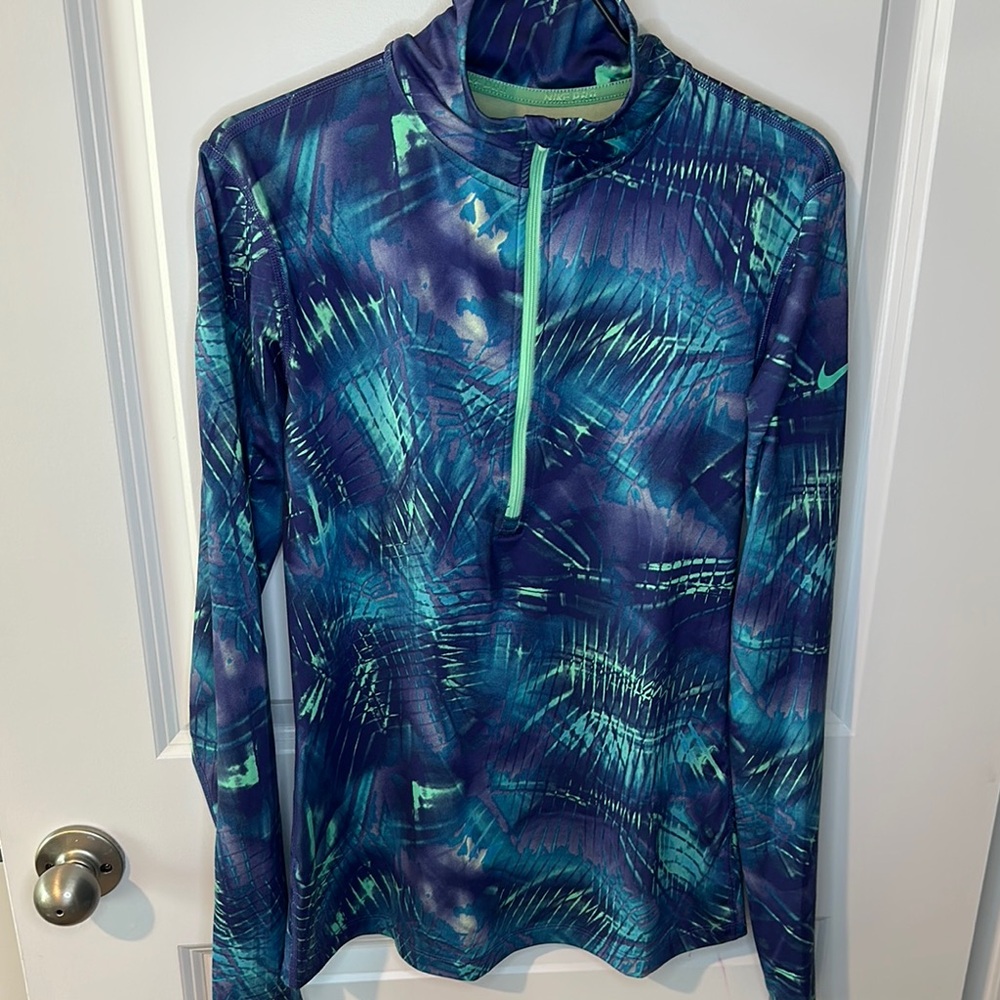 Nike Pro Dry Fit Blue Green Patterned 1/4 zip running workout top
